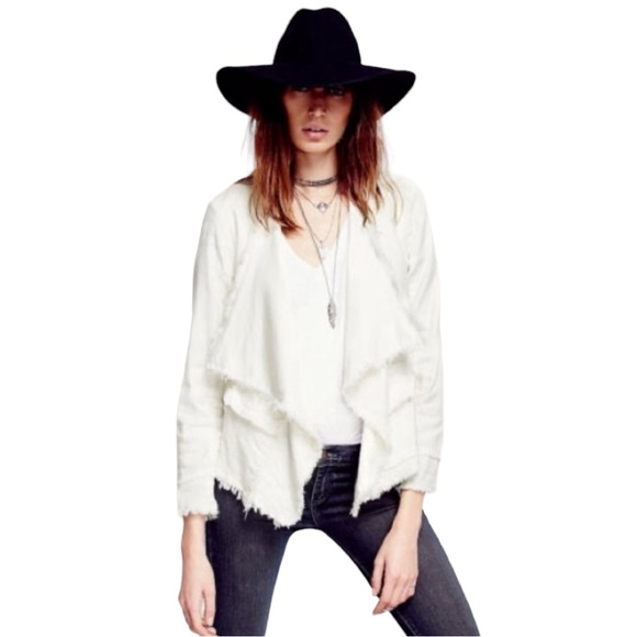 Free People Jackets & Blazers - Free People Raw Femme Open Front Jacket Cream Linen Blend Sz XS Ptp 19.5” EUC
